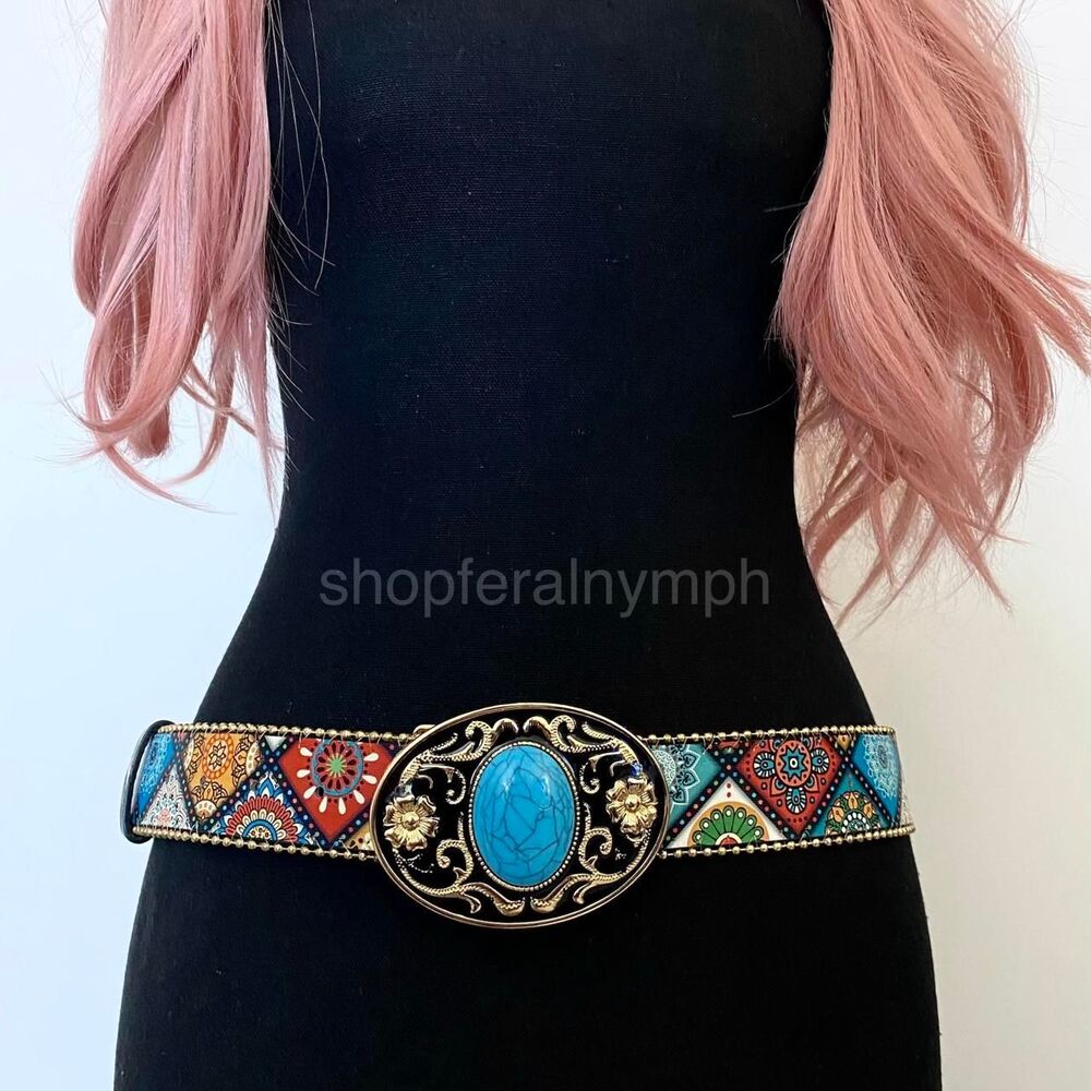 Boho Colorful Turquoise Buckle Western Y2K Belt, Fits 36.5-45 Inches, X7GA1289